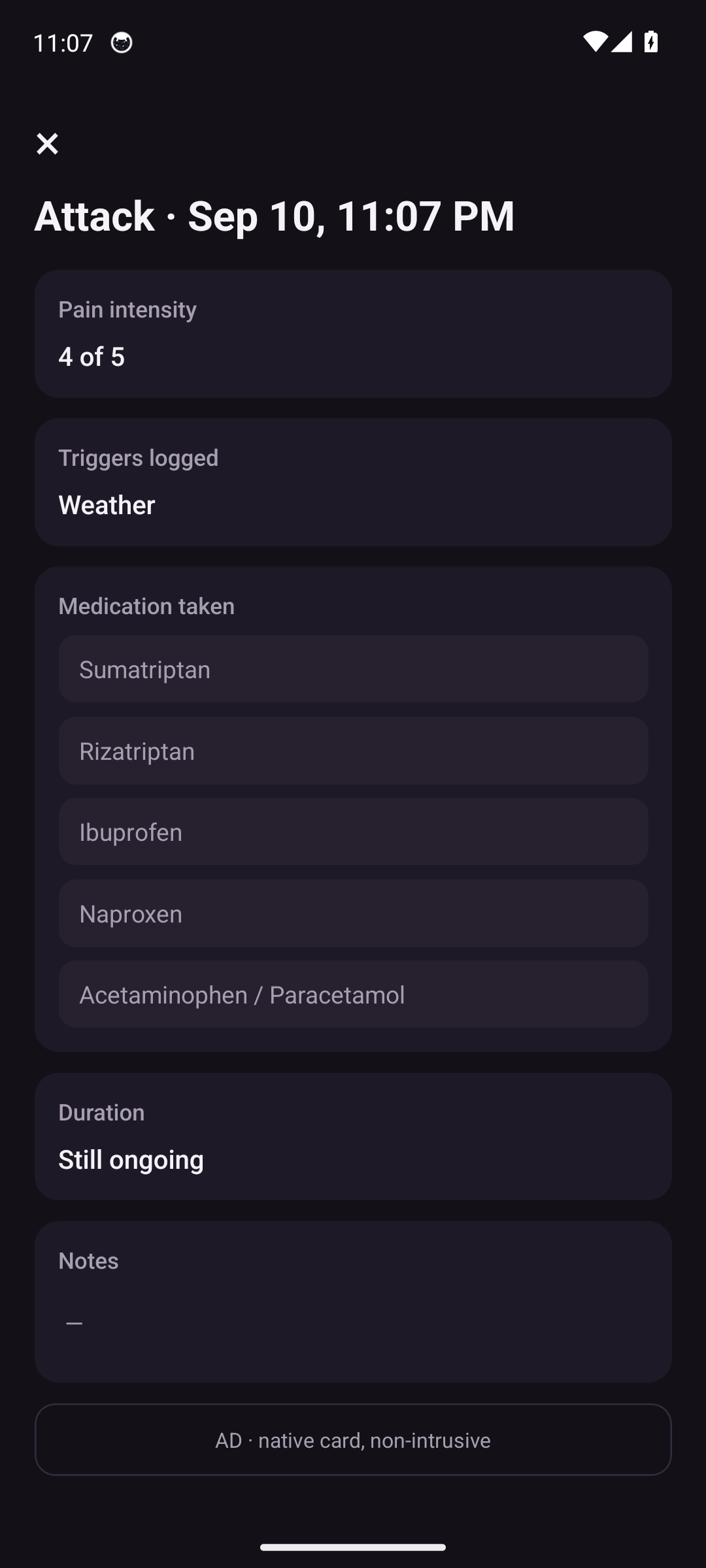 Cranio attack detail screen with medication picker, duration, and notes