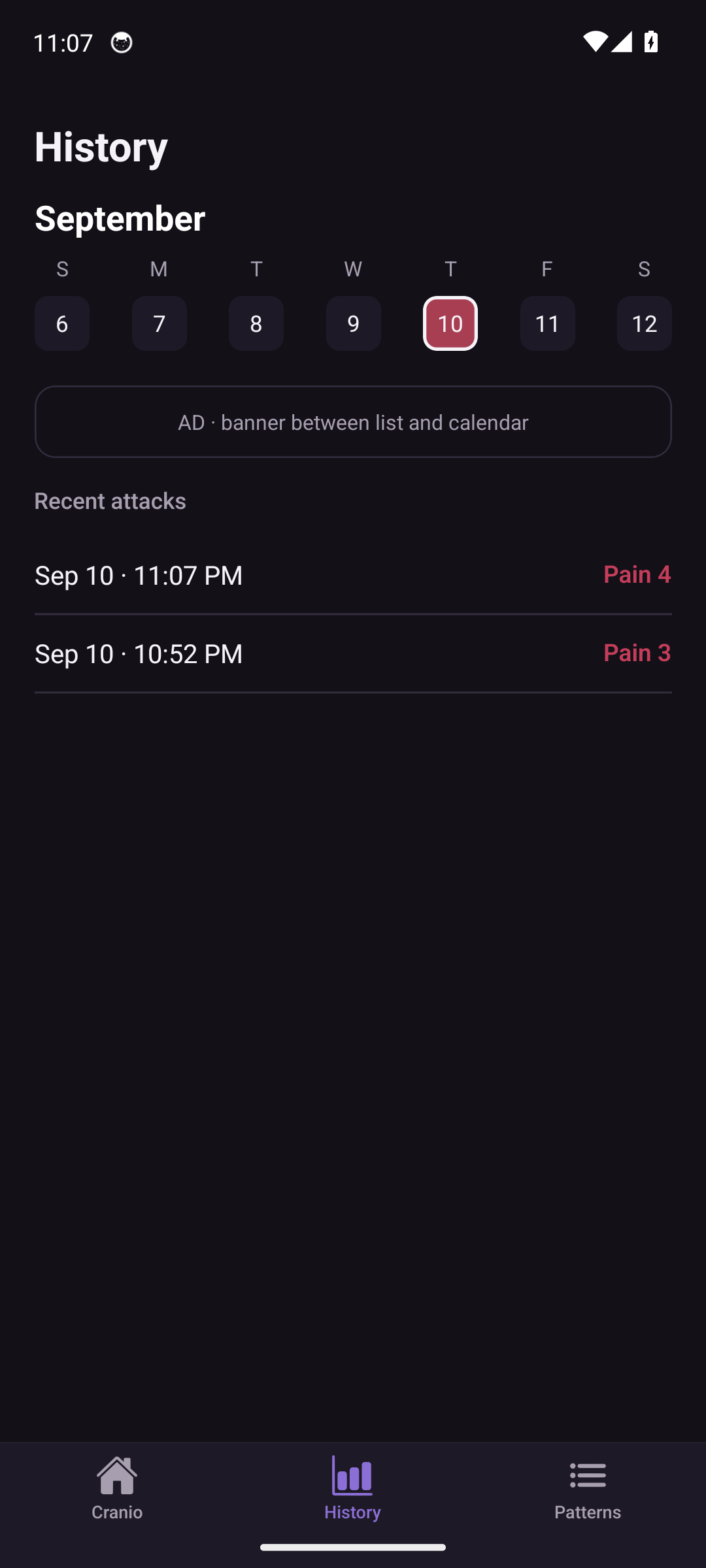 Cranio history screen with calendar and recent attacks list