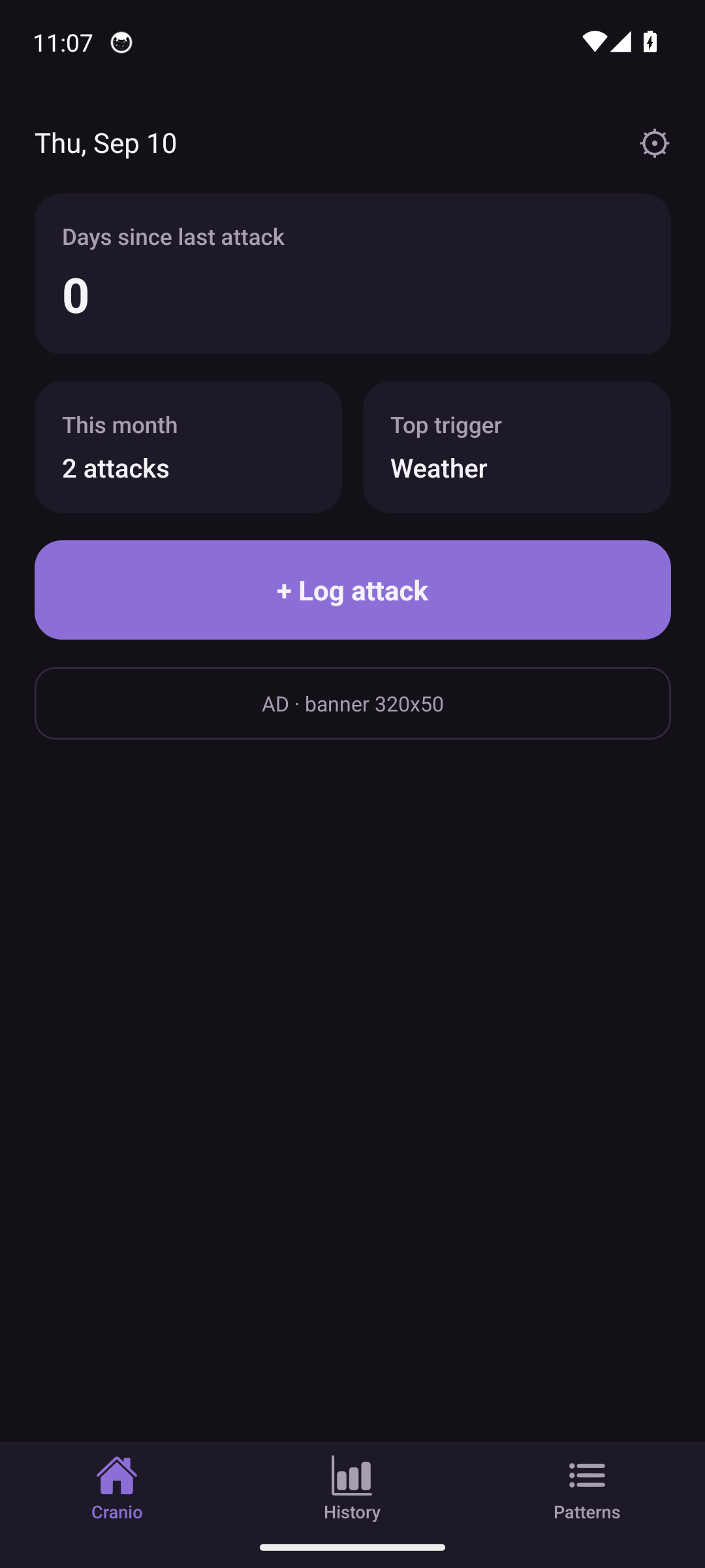 Cranio home screen showing days since last attack, this month's count, top trigger, and the Log attack button