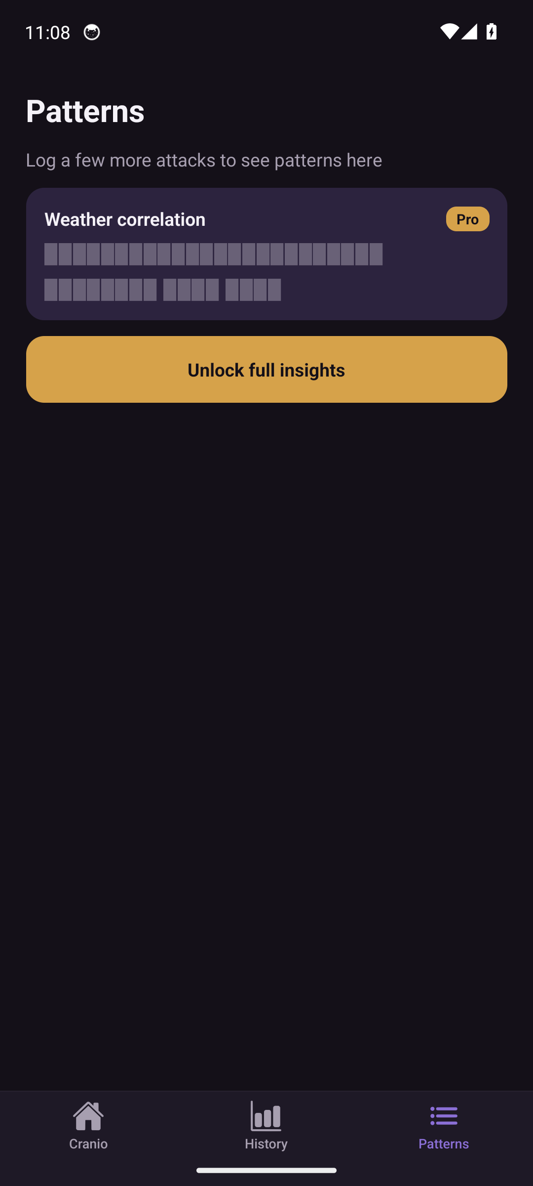 Cranio insights screen with free pattern cards and a locked premium weather correlation card