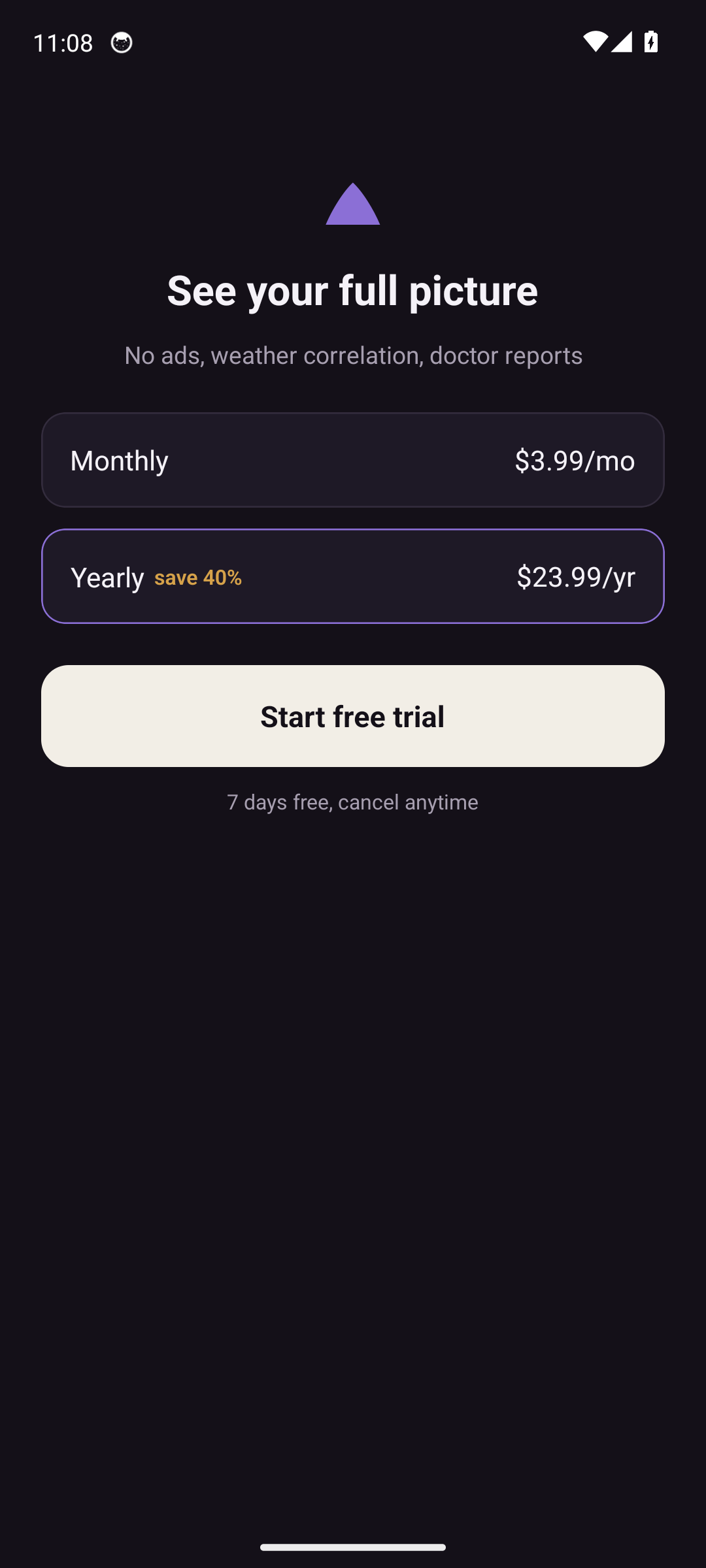 Cranio paywall screen with monthly and yearly plans and a free trial button